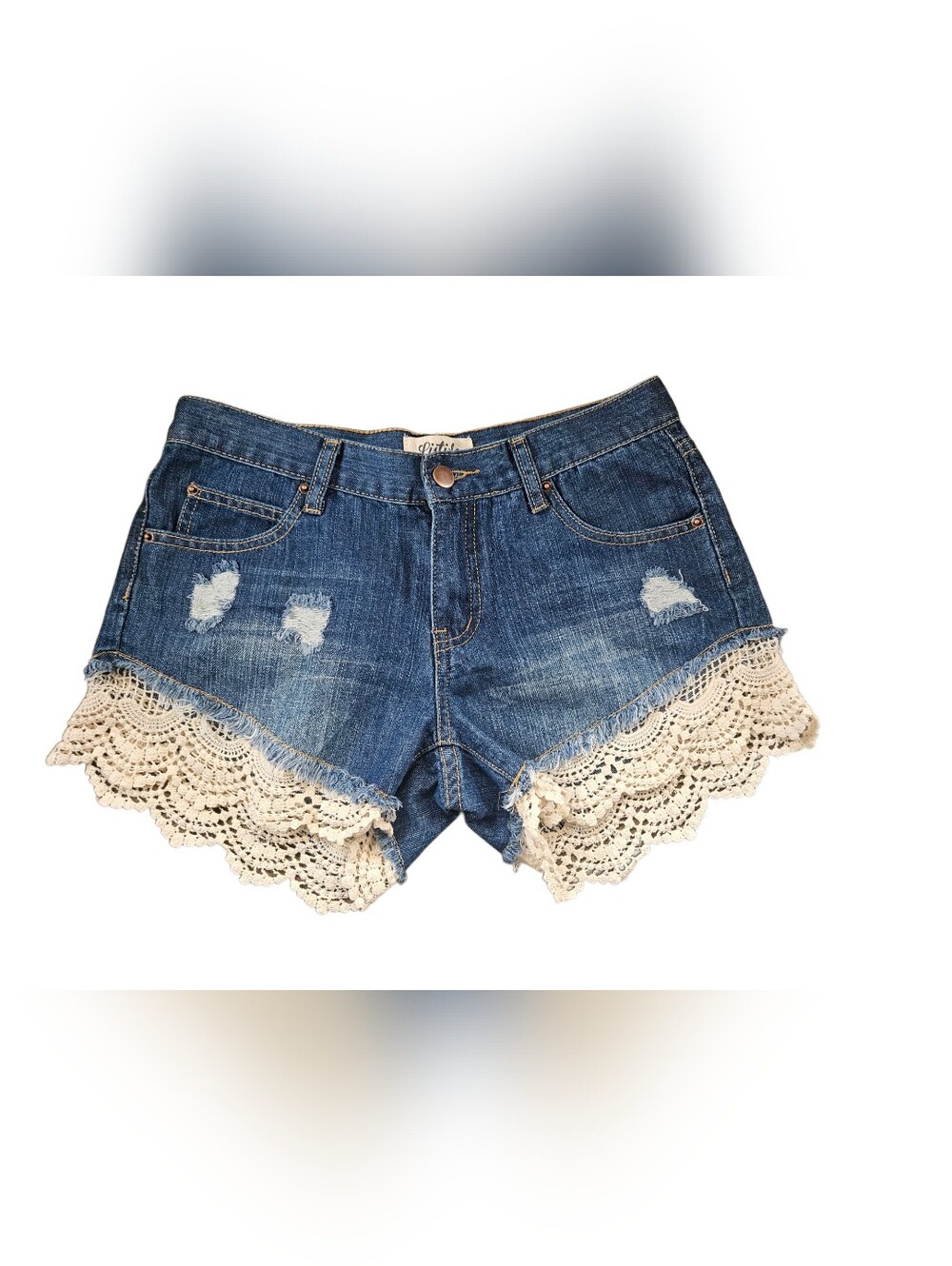 Listicle Boho Distressed Denim Shorts Crochet Lace Trim Blue Size S - Picture 2 of 5